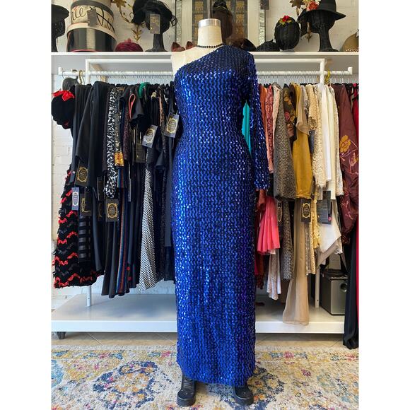 vintage 1980s metallic blue sequin one shoulder fitted gown by Climax, medium - Picture 1 of 10